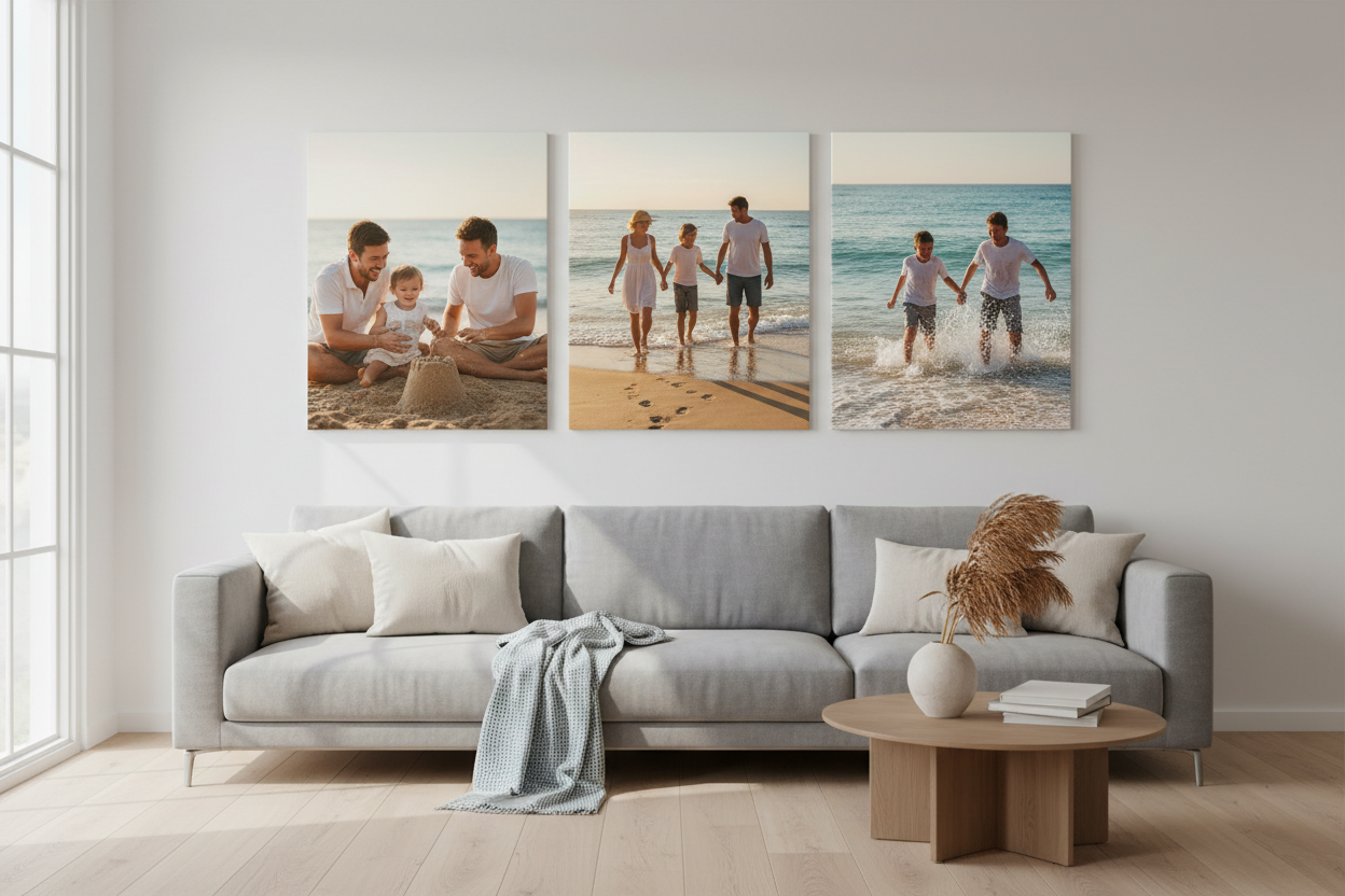 the canvas's are a different shape. They should be Portrait, smaller, and in a ratio of 2 : 3 (Width x Height). Can the actual images of the canvas portray a family on a beach holiday?